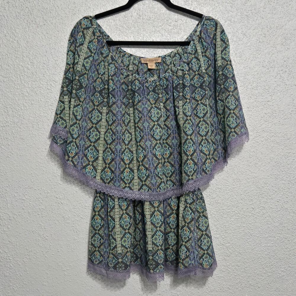 Vintage Nine West Womens Lace Trim Geometric Print Blouse Size XL Gypsy Ethereal
